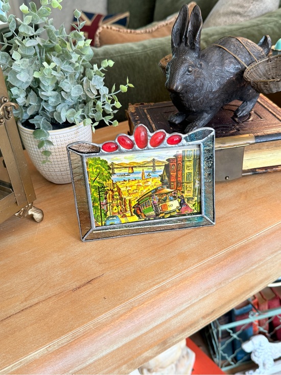 Other - Vintage Stained Glass Picture Frame – Red Accents, Silver Metal Border